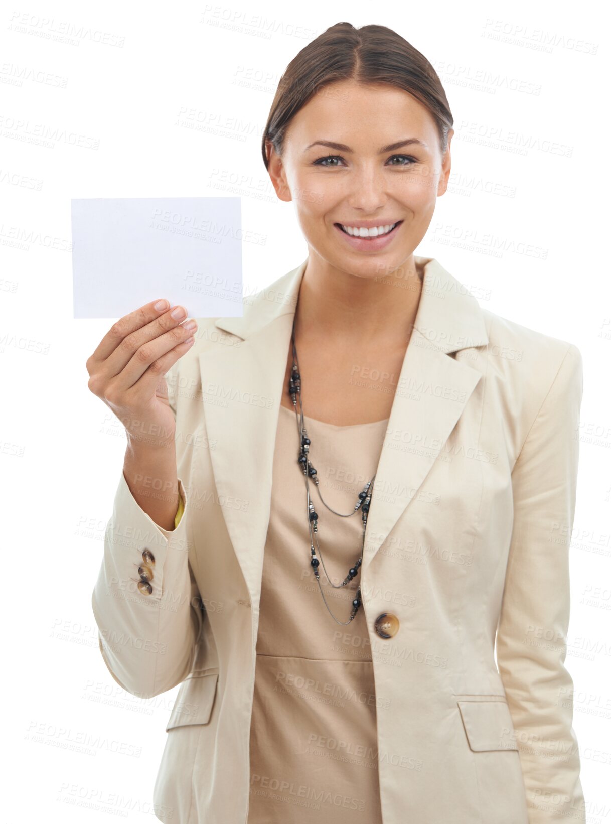 Buy stock photo Business woman, card and poster mockup with information and advertising presentation isolated on transparent png background. Corporate news, portrait with billboard and marketing brand with logo