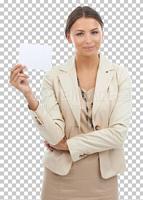 Buy stock photo Business woman, banner and poster mockup, news and advertising presentation isolated on transparent png background. Corporate information, female worker with billboard and marketing with logo design