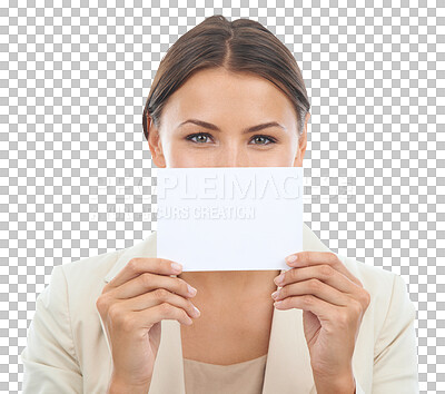 Buy stock photo Business, portrait and woman with blank card isolated on transparent png background for corporate promo. Businesswoman with empty paper for deal information, mockup space or contact news in hands.