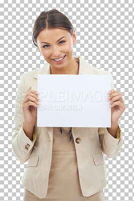 Buy stock photo Business woman, about us and poster mockup, information and advertising presentation isolated on transparent png background. Corporate news, female worker with banner and marketing with communication