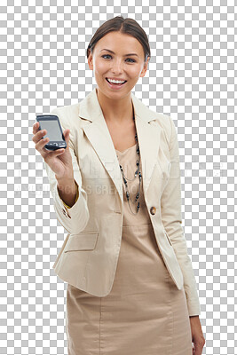 Buy stock photo Happy business woman, portrait and phone for communication isolated on a transparent PNG background. Female person or employee with smile and mobile smartphone for app, networking or social media