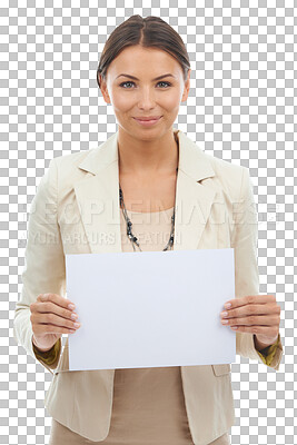 Buy stock photo Portrait, business woman and paper poster with mockup space for advertising, promotion and isolated on transparent png background. Female worker, presentation sign and announcement of deal on board