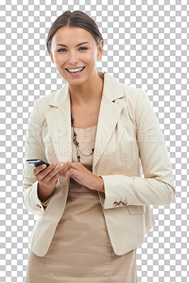 Buy stock photo Business woman, portrait and smile with smartphone for social network, mobile contact and isolated on transparent png background. Happy female worker, cellphone and reading notification on tech app