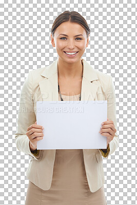 Buy stock photo Portrait, business and happy woman with space on poster, paper and advertising mockup, news and isolated on transparent png background. Female worker, presentation sign board and announcement of info