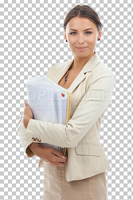 Buy stock photo Business, portrait of happy woman with paperwork for administration at law firm isolated on transparent png background. Confident smile, lawyer or attorney with documents, businesswoman in legal job.