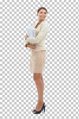 Buy stock photo Documents, happy woman in administration business and standing isolated on transparent png background. Confident smile, corporate receptionist with paperwork files and businesswoman in admin career.