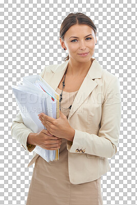 Buy stock photo Business, portrait of happy woman with documents for administration at law firm isolated on transparent png background. Confident smile, lawyer or attorney with paperwork, businesswoman in legal job.