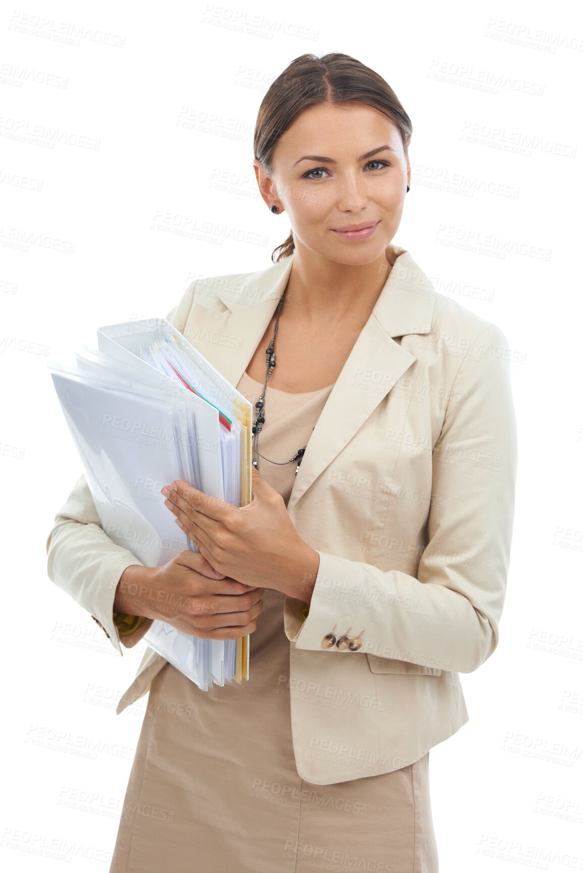 Buy stock photo Business, portrait of happy woman with documents for administration at law firm isolated on transparent png background. Confident smile, lawyer or attorney with paperwork, businesswoman in legal job.