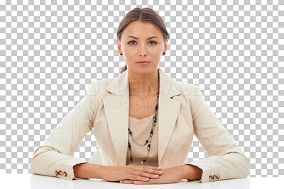 Buy stock photo Portrait, office desk and confident business woman, consultant or receptionist ready for corporate work. Admin career, secretary job and professional person isolated on a transparent, png background