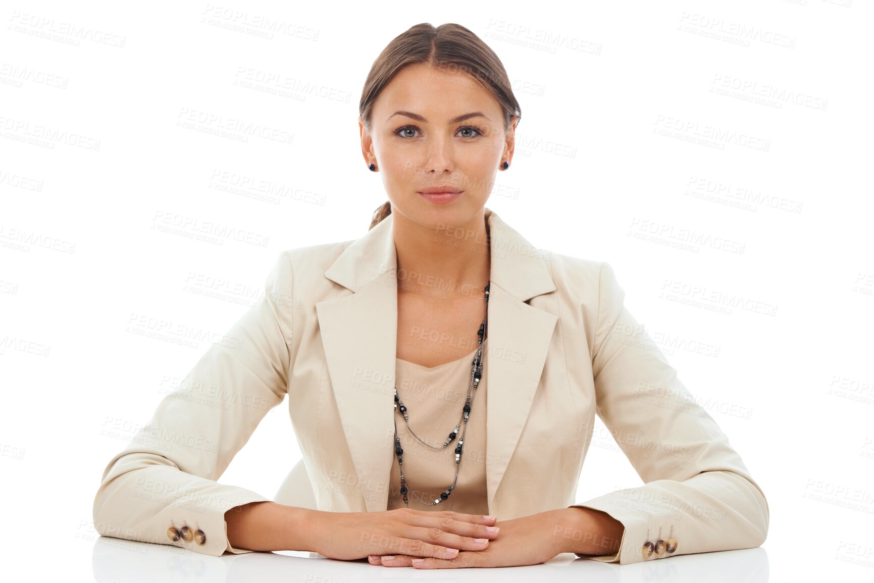 Buy stock photo Portrait, office desk and confident business woman, consultant or receptionist ready for corporate work. Admin career, secretary job and professional person isolated on a transparent, png background