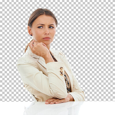 Buy stock photo Crisis, desk and thinking business woman, consultant or secretary brainstorming problem solving solution. Admin stress, doubt and confused professional person isolated on transparent, png background