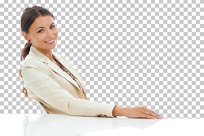 Buy stock photo Portrait, smile and confident business woman, bank consultant or agent happy for administration work. Financial advisor, table and proud professional person isolated on a transparent, png background