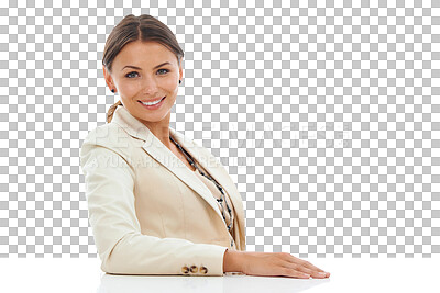 Buy stock photo Portrait, smile and happy business woman, bank consultant or insurance agent motivated for administration work. Financial advisor, confidence and female worker isolated on transparent, png background