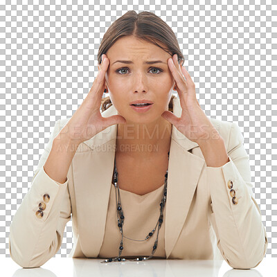 Buy stock photo Business woman, portrait and headache in stress, anxiety or burnout isolated on a transparent PNG background. Frustrated female person or employee in depression, mistake or financial crisis from debt