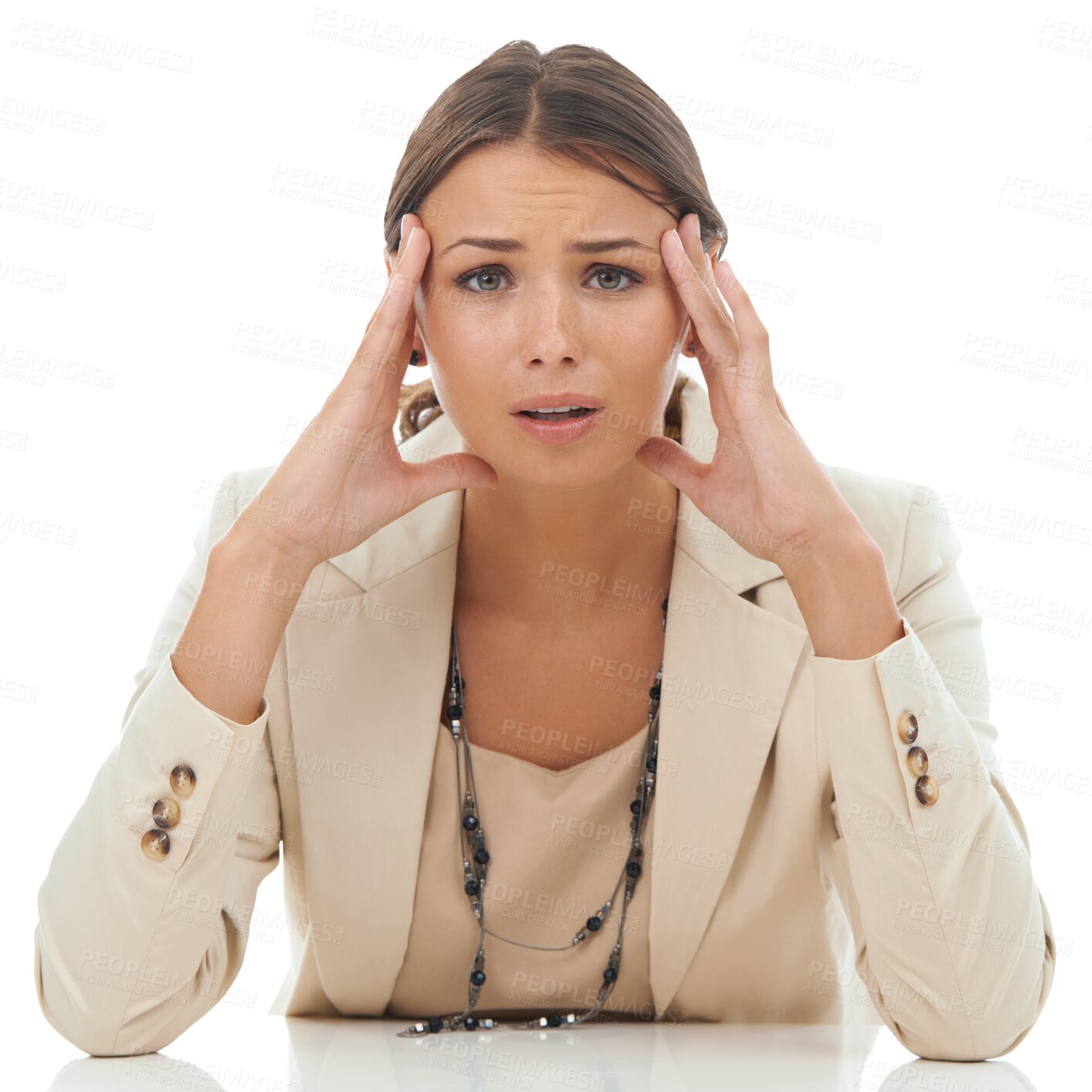 Buy stock photo Business woman, portrait and headache in stress, anxiety or burnout isolated on a transparent PNG background. Frustrated female person or employee in depression, mistake or financial crisis from debt