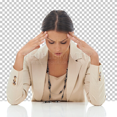 Buy stock photo Business woman, headache and stress in anxiety, burnout or problems isolated on a transparent PNG background. Frustrated female person or employee in depression, mistake or financial crisis from debt