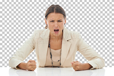 Buy stock photo Business, stress and portrait of angry woman screaming at office job on isolated, transparent or png background. Anxiety, frustrated and face of shouting lady person with depression, fail or mistake