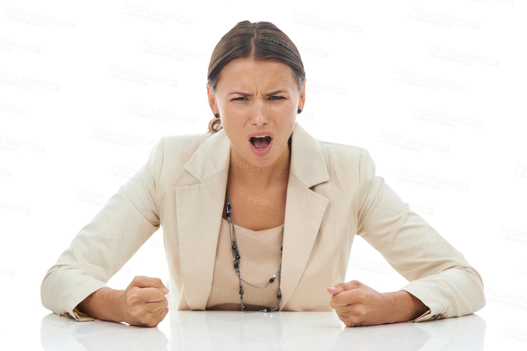 Buy stock photo Business, stress and portrait of angry woman screaming at office job on isolated, transparent or png background. Anxiety, frustrated and face of shouting lady person with depression, fail or mistake