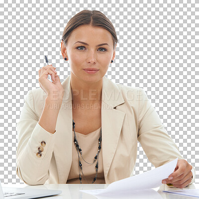 Buy stock photo Professional portrait, documents and business woman review financial contract, legal paperwork or attorney plan. Advocate, insurance policy and female lawyer isolated on transparent, png background