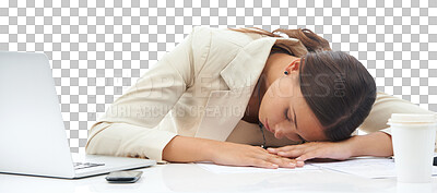 Buy stock photo Tired, business and woman sleeping at desk with burnout, stress problem and low energy isolated on transparent png background. Fatigue, lazy and nap of sad female employee with bad time management