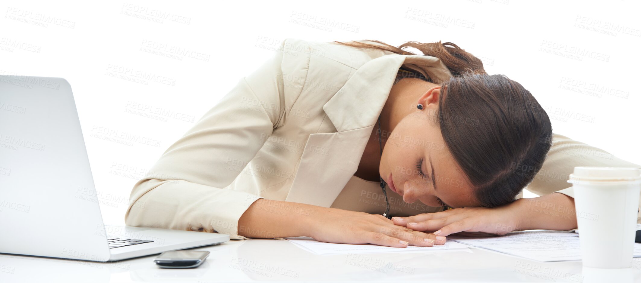 Buy stock photo Tired, business and woman sleeping at desk with burnout, stress problem and low energy isolated on transparent png background. Fatigue, lazy and nap of sad female employee with bad time management