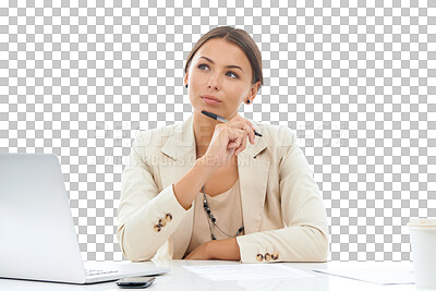 Buy stock photo Woman, thinking of ideas for review and inspiration for writing with laptop isolated on transparent png background. Business mindset, future and brainstorming, female professional planning and vision