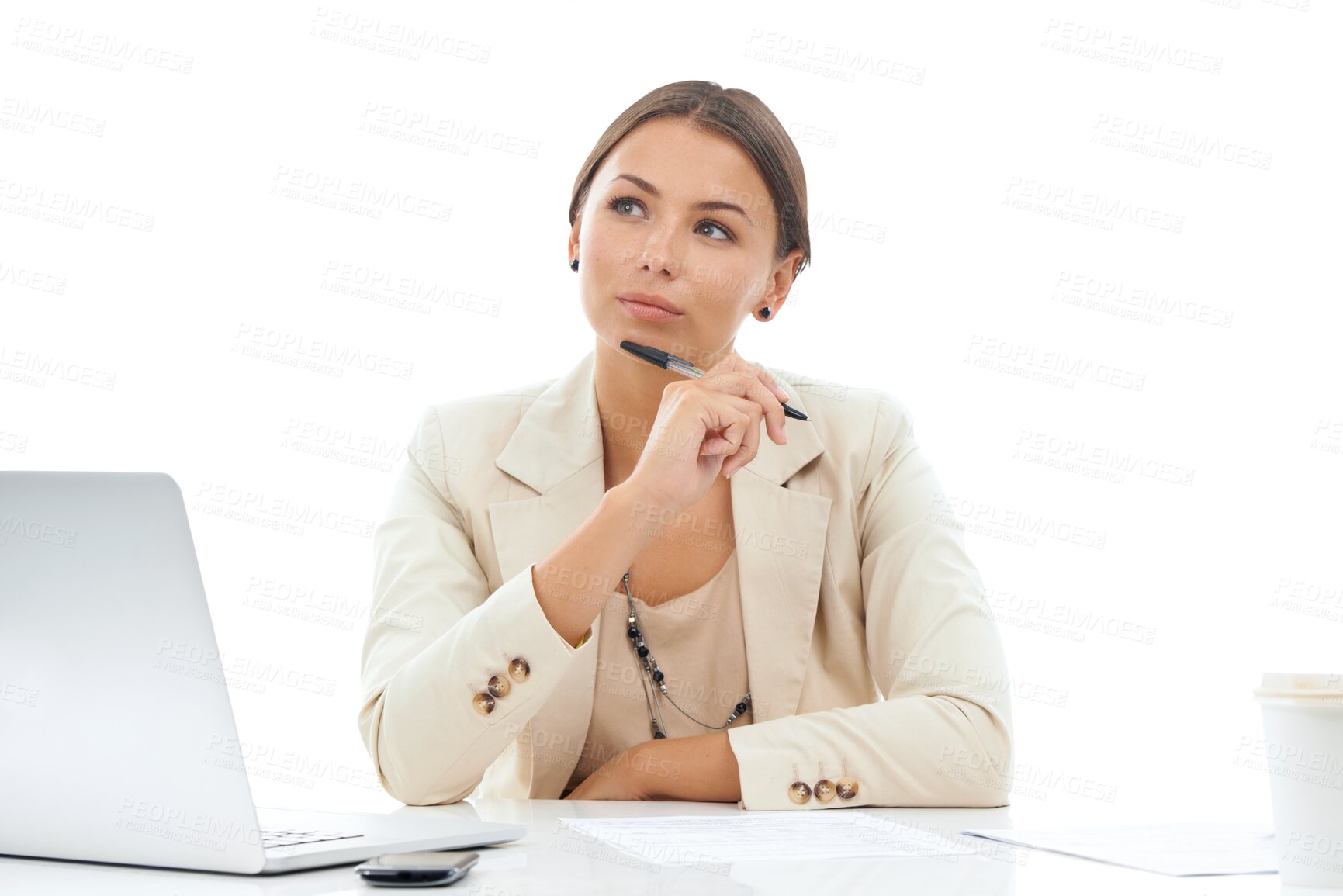 Buy stock photo Woman, thinking of ideas for review and inspiration for writing with laptop isolated on transparent png background. Business mindset, future and brainstorming, female professional planning and vision