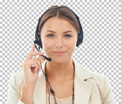 Buy stock photo Call center, portrait and woman with headset with mic, CRM and communication with telecom on transparent png background. Help desk, telemarketing and customer service, female agent and contact us