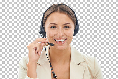 Buy stock photo Callcenter, portrait and woman with smile, CRM and communication with telecom on transparent png background. Help desk, phone call and contact us, customer service female agent with headset and mic