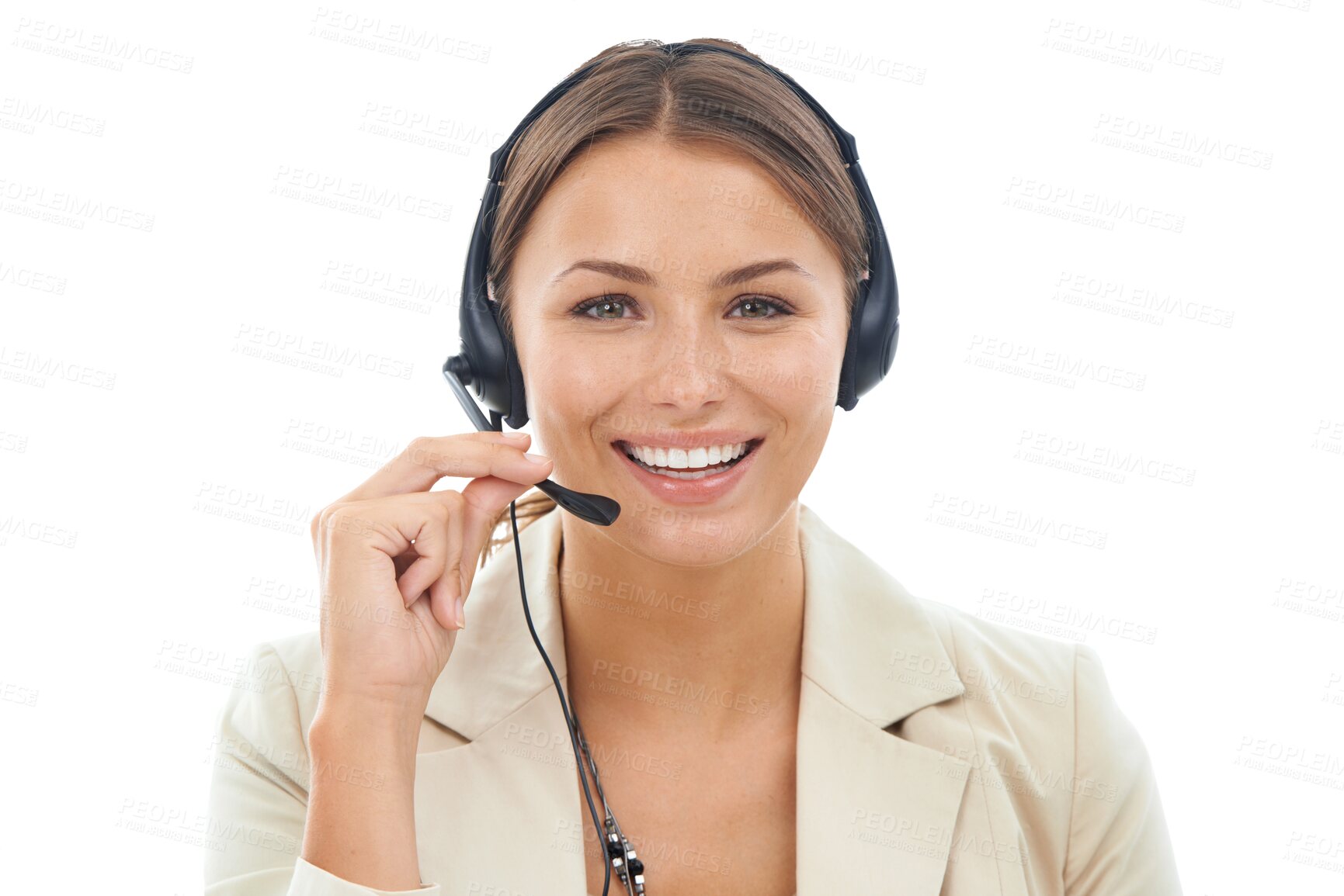 Buy stock photo Callcenter, portrait and woman with smile, CRM and communication with telecom on transparent png background. Help desk, phone call and contact us, customer service female agent with headset and mic