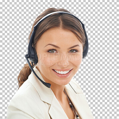 Buy stock photo Call center, woman and portrait of consultant of customer service, contact us or isolated on transparent png background. Face of happy female telemarketing agent consulting in sales, CRM or questions