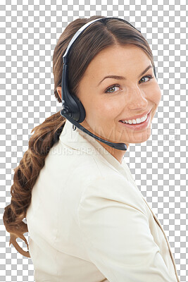 Buy stock photo Call center, portrait of woman and smile of customer support, contact us or isolated on transparent png background. Face of happy female telemarketing agent consulting in sales, CRM or telecom advice