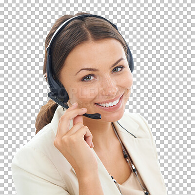 Buy stock photo Woman, face and headset, call center and contact us with smile, telecom and communication on transparent png background. Help desk, phone call and portrait, customer service female agent and CRM