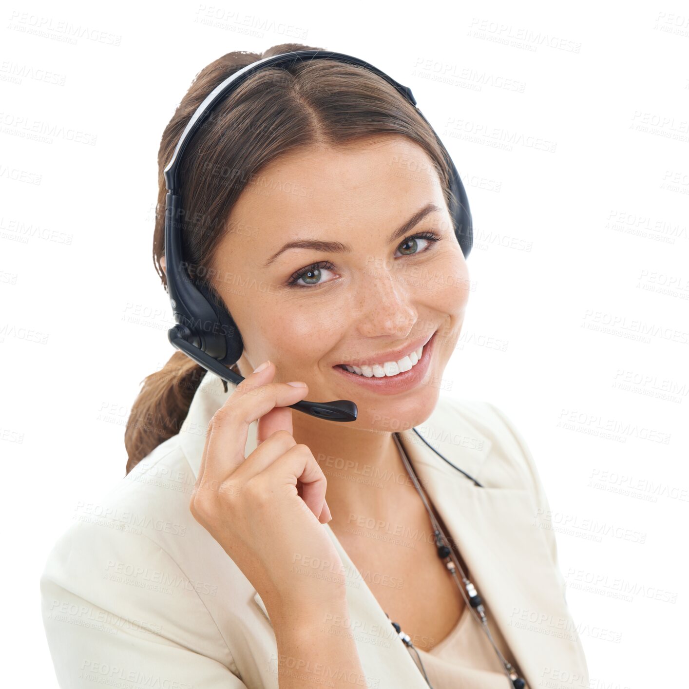 Buy stock photo Woman, face and headset, call center and contact us with smile, telecom and communication on transparent png background. Help desk, phone call and portrait, customer service female agent and CRM