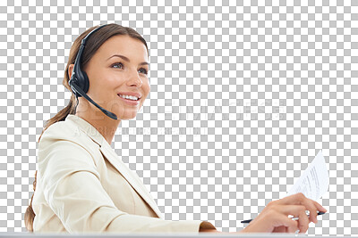 Buy stock photo Call center, customer service and business woman with documents on png, isolated and transparent background. Telemarketing, professional and female person with paper for crm, support or communication