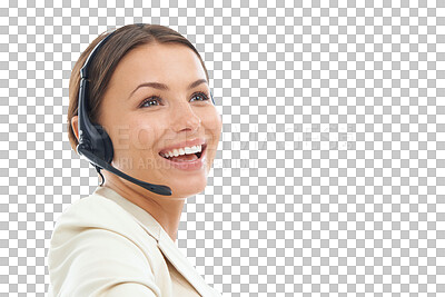 Buy stock photo Call center, face and woman with headset, CRM and communication with telecom on transparent png background. Help desk, telemarketing and customer service with female consultant, smile and contact us