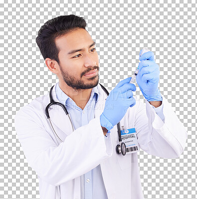 Healthcare, vaccine and man doctor with injection or shot in studio against a white background. Medicine, vaccination and man health expert with needle for medical, innovation or disease treatment