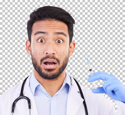 Buy stock photo Surprise, portrait and doctor with vaccine, syringe and shock on isolated, png and transparent background. Healthcare, hospital and omg face of man with needle for medicine, medical shot or injection