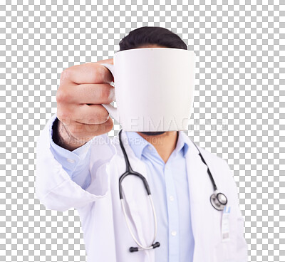 Hand, coffee and doctor in studio for break, relax and morning routine against grey background. Healthcare, tea and man with drink, beverage and cup while working at hospital or clinic isolated