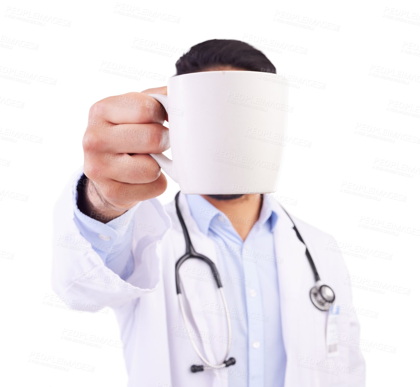 Buy stock photo Hand, coffee and doctor on break, relax and morning routine isolated on transparent png background. Healthcare, tea and man with drink, beverage and showing cup while working at hospital or clinic.