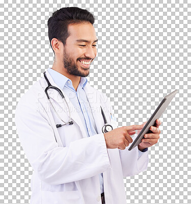 Buy stock photo Research, smile and asian man or doctor with tablet for reading in png or transparent and isolated background. Healthcare, professional male and tech with online app for career or innovation.