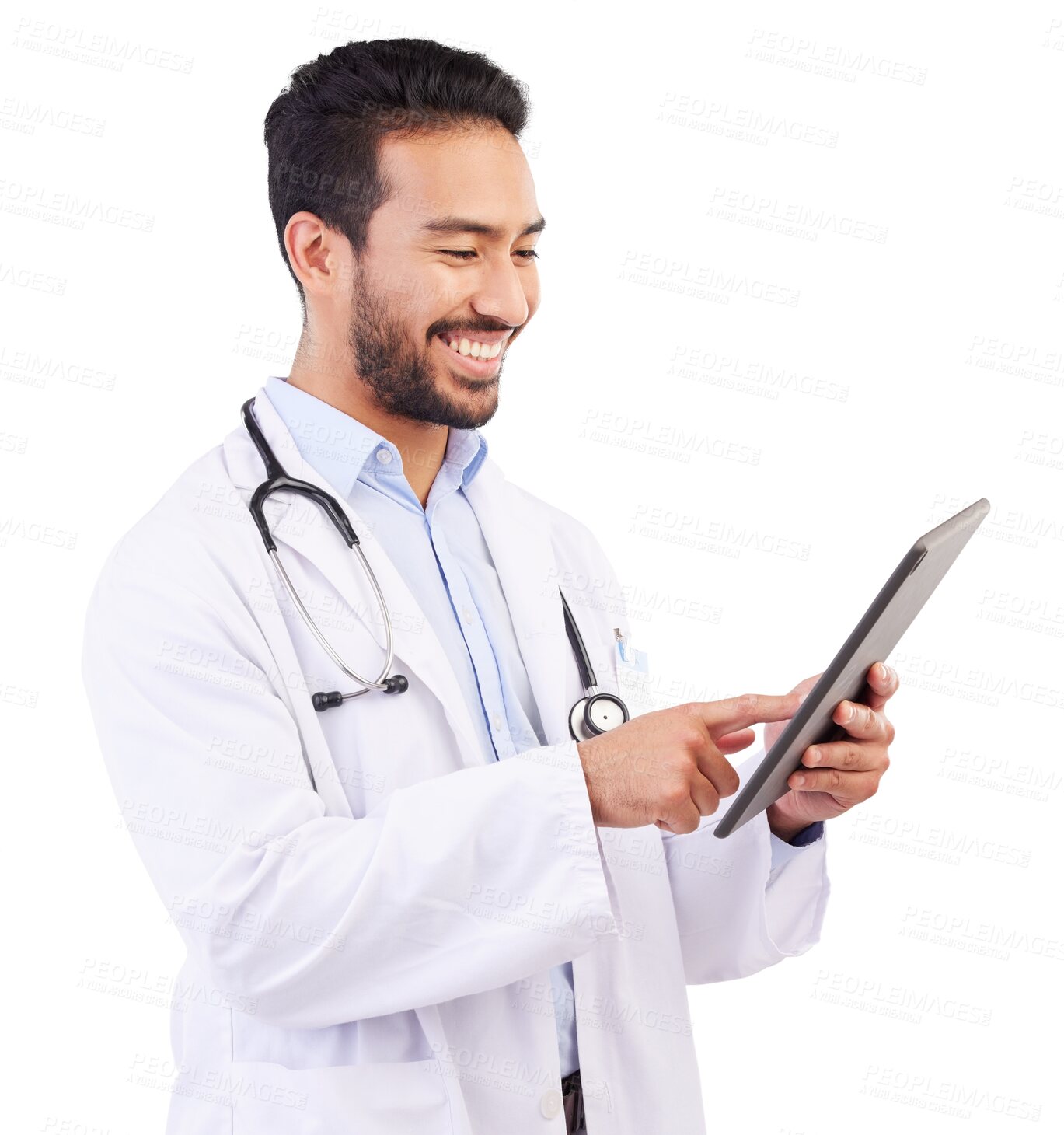 Buy stock photo Research, smile and asian man or doctor with tablet for reading in png or transparent and isolated background. Healthcare, professional male and tech with online app for career or innovation.