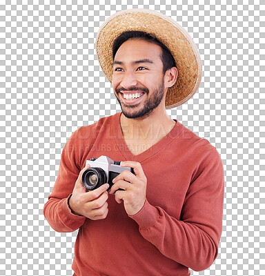 Travel, camera and happy asian man on holiday, adventure and photography on white background. Smile on face, tourism and Indian photographer or journalist on vacation, happiness on journey in studio.