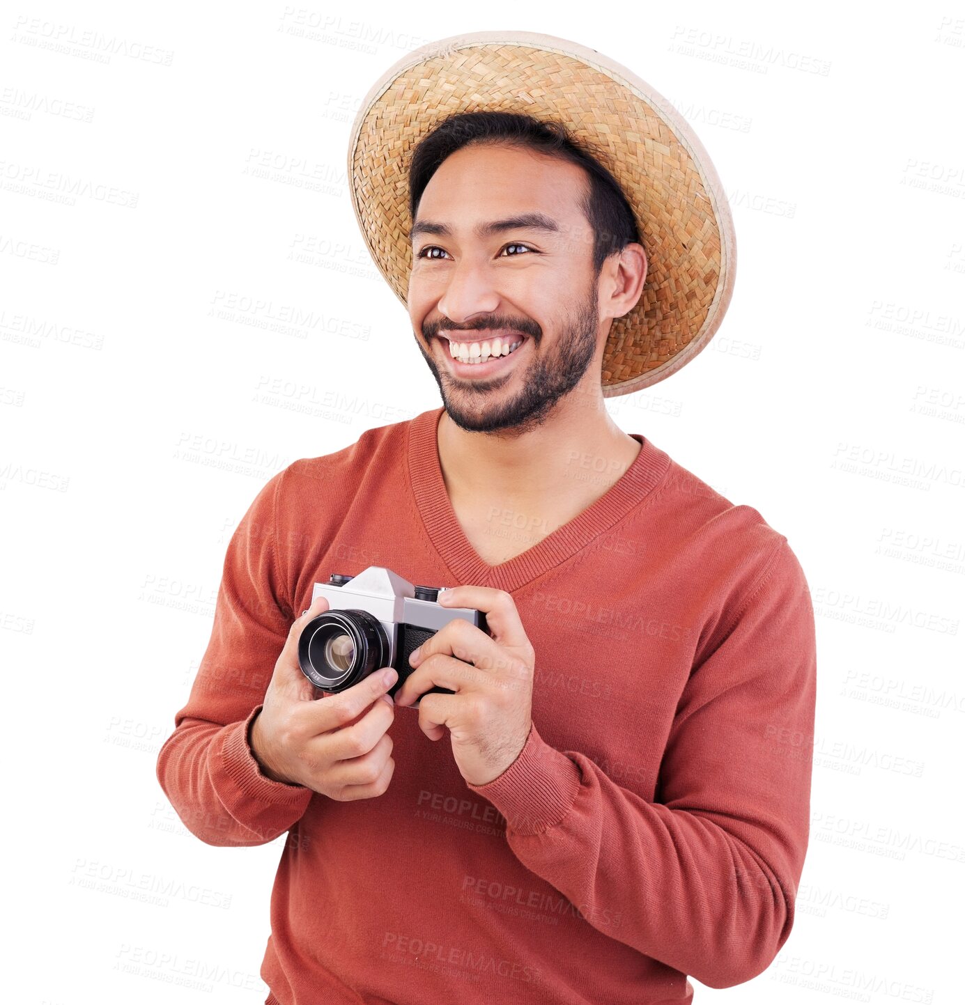 Buy stock photo Photographer, tourist and travel with man and camera on png for holiday, search and adventure. Vintage, retro and picture with person isolated on transparent background for photography and tourism