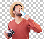 Excited man, ticket and visa with camera, travel and paperwork for holiday adventure and on white background. Smile, travel and happy person kissing boarding pass for vacation, journey and happiness.