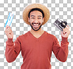 Ticket, camera and portrait of excited man with paperwork for holiday, adventure and fun hat on white background. Smile, travel and happy person with boarding pass for vacation, journey and happiness