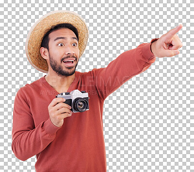 Buy stock photo Photographer,  surprise and travel with man and camera on png for holiday, search and adventure. Vintage, retro and picture with person isolated on transparent background for photography and tourism