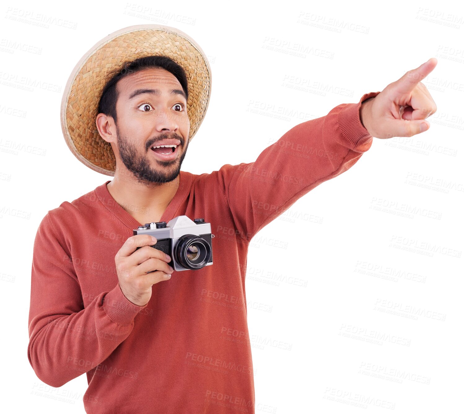 Buy stock photo Photographer,  surprise and travel with man and camera on png for holiday, search and adventure. Vintage, retro and picture with person isolated on transparent background for photography and tourism