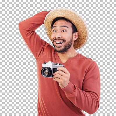 Wow, camera and travel, shocked man in studio with hat on holiday, adventure and fun on white background. Smile, surprise and happy person on vacation, happiness and shock on journey with happiness