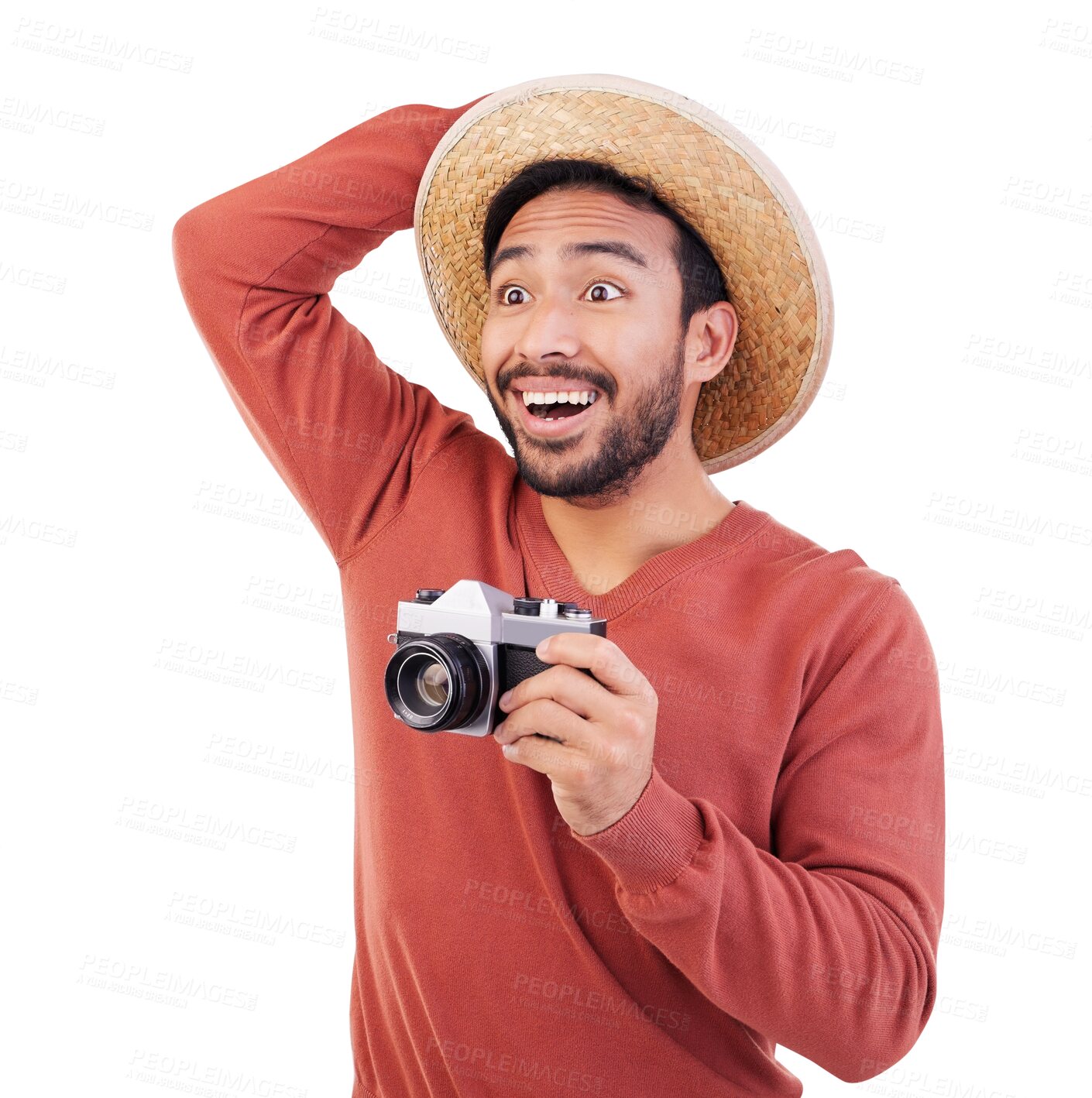 Buy stock photo Photographer, tourist and smile with man and camera on png for holiday, search and adventure. Vintage, retro and picture with person isolated on transparent background for photography and tourism